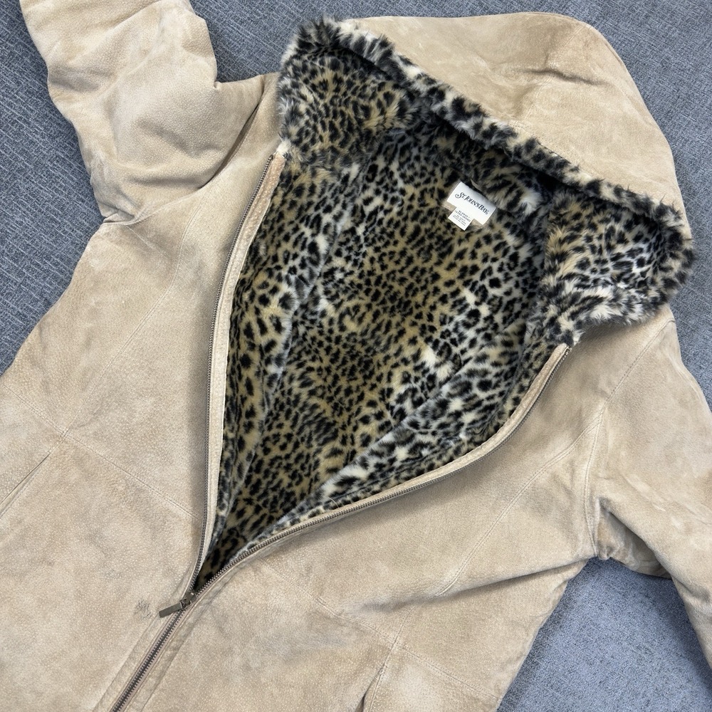 St Johns Bay Coat Women's XL Tan Suede Leather‎ Cheetah Print Lined Jacket